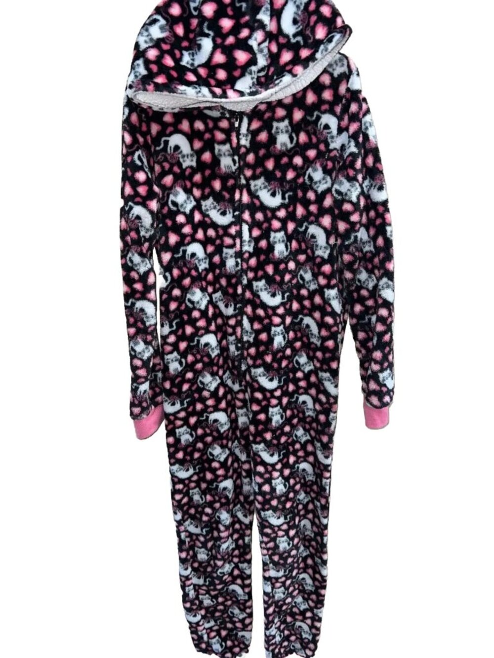 girls Rene Rofe one piece pajama sleepewear hooded full zipper catprint L 10/12